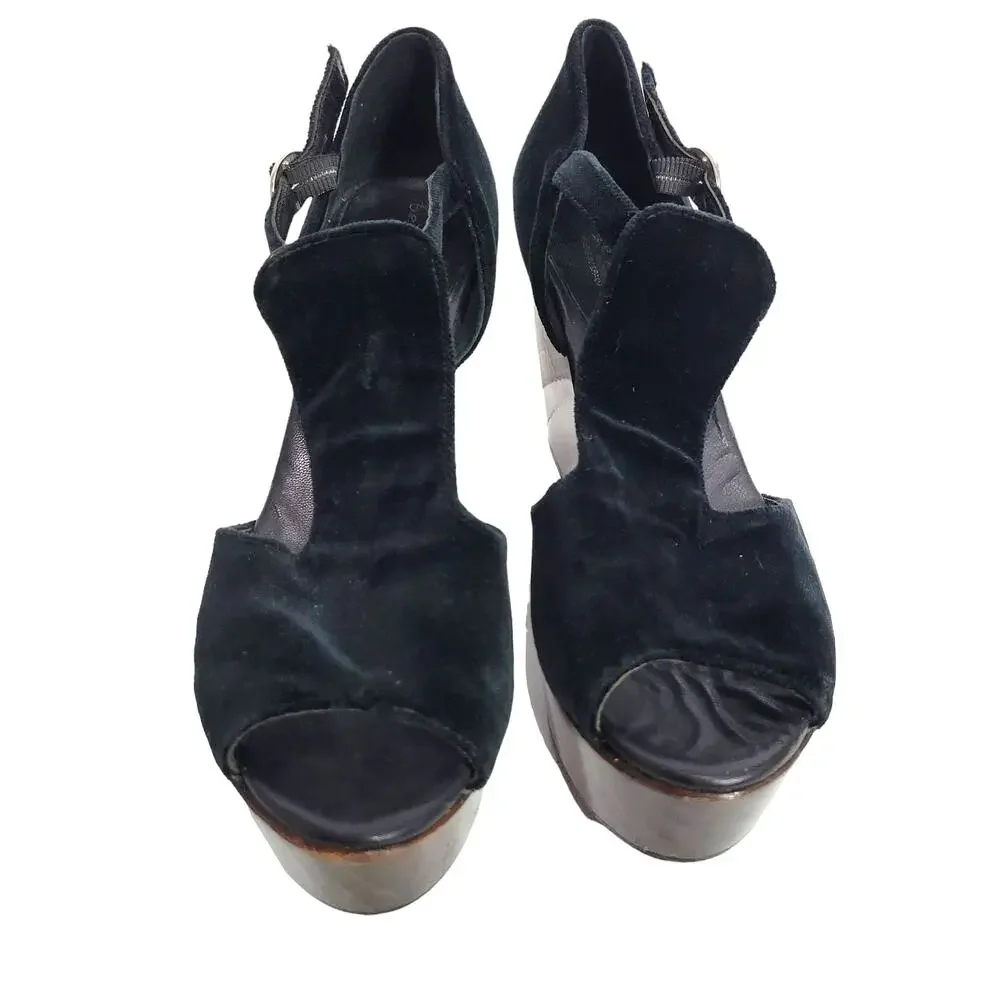Bettye Muller Heel Wedge Black Velvet Platform Wood T Strap Peep Toe Chunky 9.5